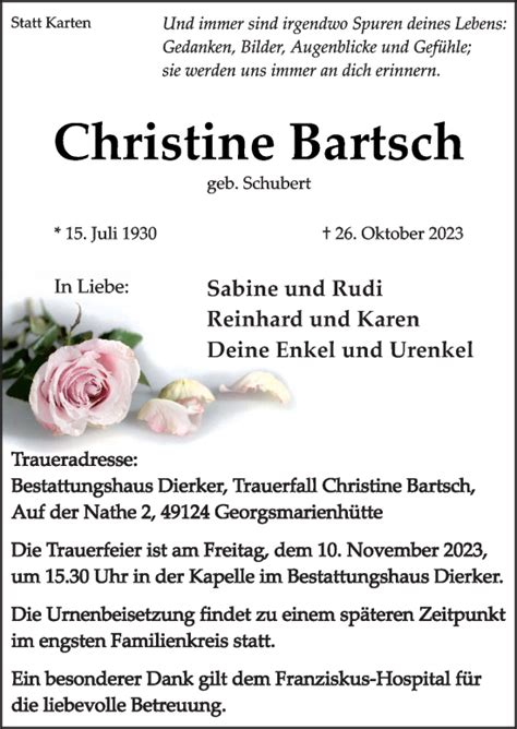 Traueranzeigen Von Christine Bartsch Noz Trauerportal