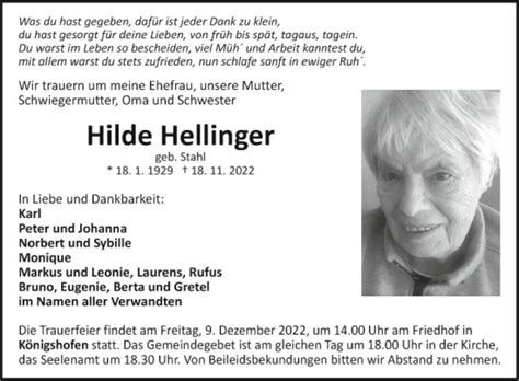 Traueranzeigen Von Hilde Hellinger Trauerportal Ihrer Tageszeitung