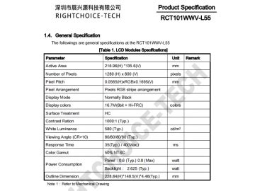 RCT101WWV L55 RCT101WWV L55 Is A Color Active Matrix TFT LCM Using