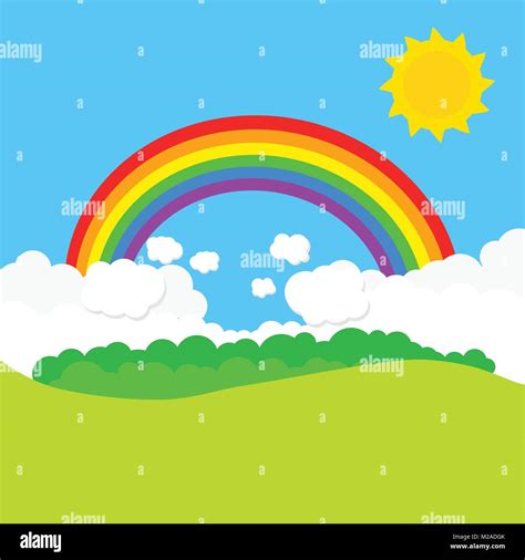 Paisaje con arco iris y el sol Ilustración vectorial Imagen Vector de