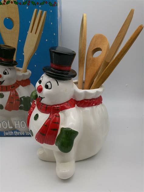 Frosty The Snowman Ceramic Kitchen Tool Holder W 3 Wooden Tools And