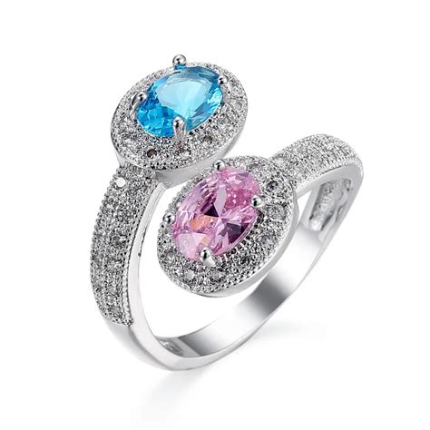 Silver Plated Luxury Blue And Pink Zirkon Crystal Ring AAA CZ Zircon