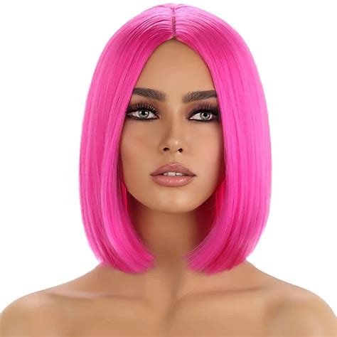 Hairjoy Hot Pink Wig For Women Hot Pink Bob Wig Short Straight Magenta Wig Middle Part