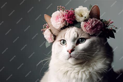 Premium AI Image | An endearing white cat sporting a pink flower crown is shown on a gray backdrop