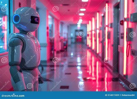 Futuristic Emergency Response Robot Navigating A Neon Lit Corridor In A