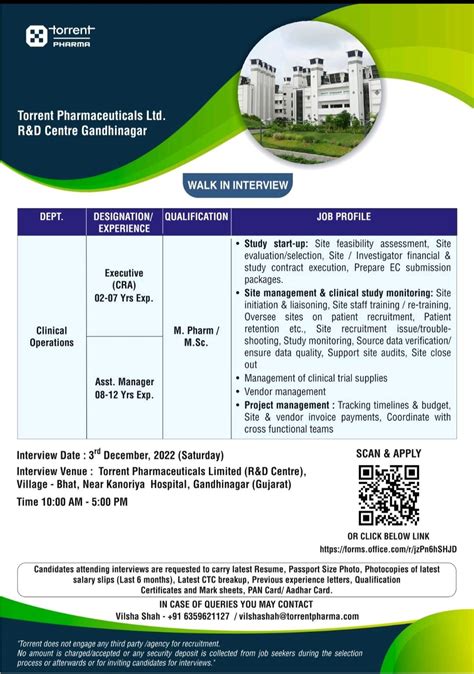 Torrent Pharmaceuticals Ltd R D Centre Gandhinagar Walk In Interview