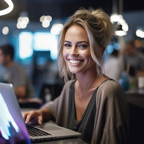 Une Femme Est Assise Devant Un Ordinateur Portable Avec Un Sourire Sur Son Visage Photo Premium