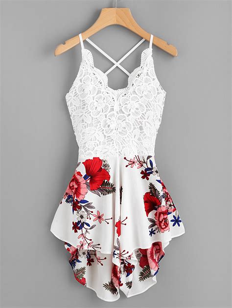 Crochet Lace Panel Bow Tie Back Florals Romper Shein Sheinside