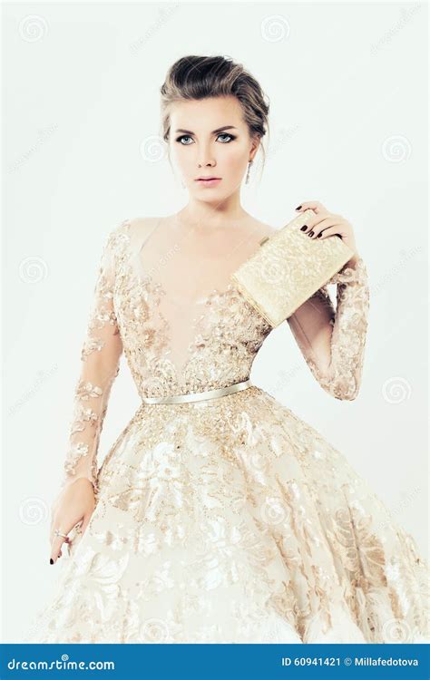 Fashion Girl Makeup Gold Dress And Clutch Stock Image Image Of