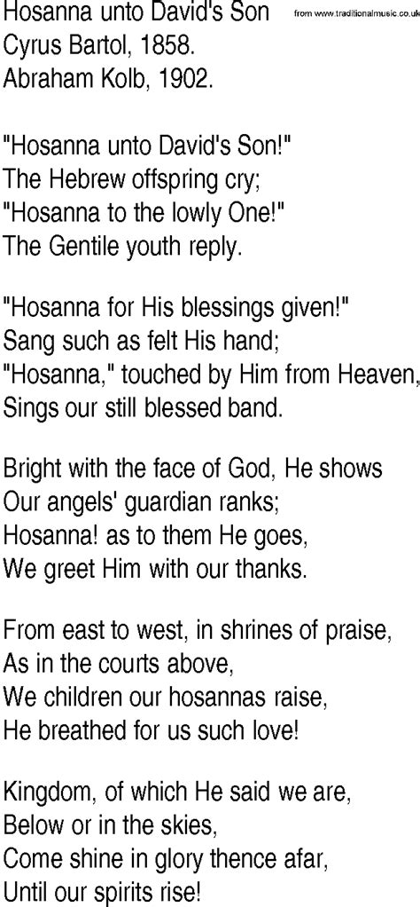 Hymn And Gospel Song Lyrics For Hosanna Unto Davids Son By Cyrus Bartol