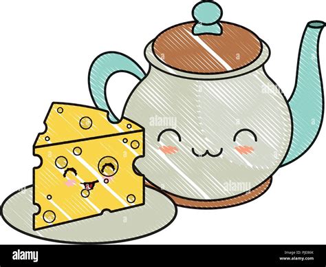 Kawaii Coffee Pot Et Morceau De Fromage Sur Fond Blanc Vector Illustration Image Vectorielle