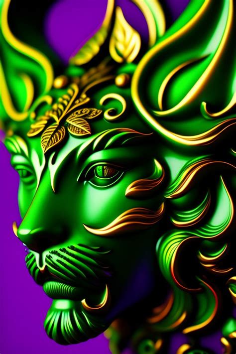 A Green And Gold Lion Head On A Purple Background