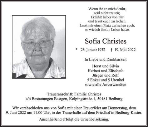 Traueranzeigen Von Sofia Christes WirTrauern