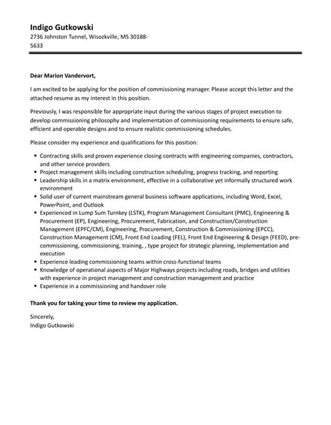 Commissioning Manager Cover Letter Velvet Jobs