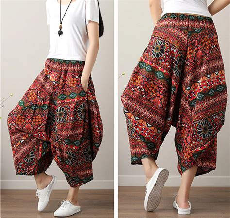 Women Bohemian Harem Pants Boho Chic Print Wide Leg Pants Summer Big S