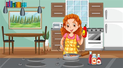 A Happy Woman Cooking In The Kitchen Scene 3615256 Vector Art At Vecteezy