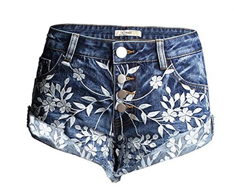 Xximo Denim Shorts Embroidery Frayed Raw Edge Hem Jean Shorts Waist