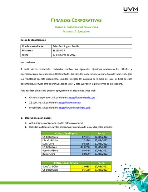 A2 Bdb Actividad 1 De La Materia De Finanzas Coportativas Actividad 1