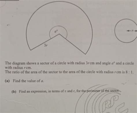 Solved The Diagram Shows A Sector Of A Circle With Radius 3rcm And Angle A° And A Circle With