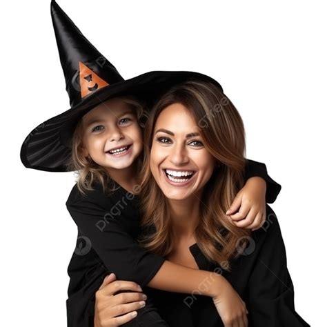 Cheerful Mother And Her Daughter In Witch Costumes Celebrating