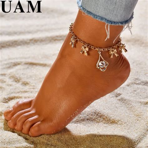 Uam Bow Knot Sweet Foot Charm Bracelet Simple Crystal Anklet Gold Color