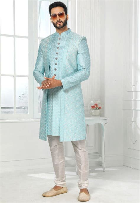 Buy Embroidered Art Silk Kurta Jacket Set In Sky Blue Online Mly