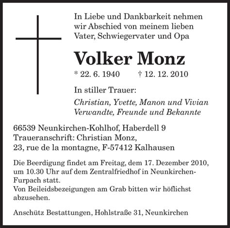 Traueranzeigen Von Volker Monz Saarbruecker Zeitung Trauer De