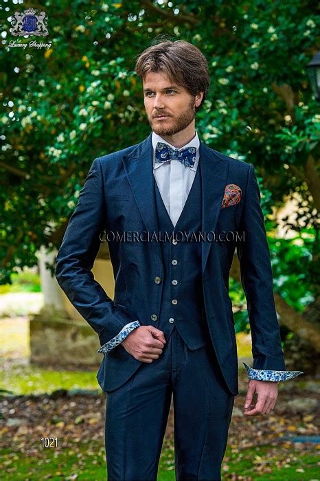 Traje Azul Shantung Seda Con Chaleco 1021