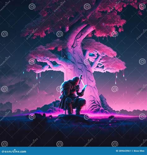 Fantasy Landscape With A Tree And A Man 3d Rendering Generative Ai Stock Illustration