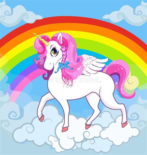 Unicornio Blanco Con La Melena Rosada En El Cielo Con El Arco Iris Y