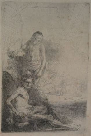 Nude Man Seated And Another Standing With A Woman And Baby Lightly