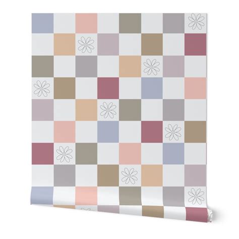 Pastel Checkerboard With Flowers Wallpaper Spoonflower