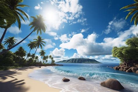 Premium AI Image Arafed View Of A Tropical Beach With Rocks And Palm