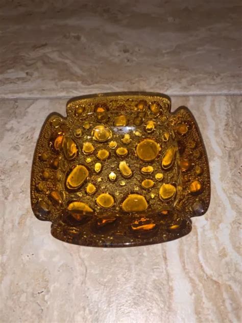 VINTAGE BLENKO AMBER Glass Bubble Textured MCM Squared Ashtray 23 74