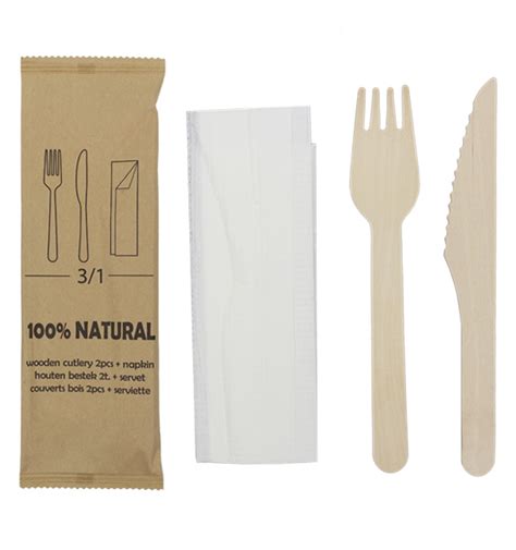 Wooden Cutlery Kit Fork Knife And Napkin 25 Units