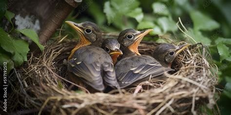 A nest of baby birds chirping for their mother to bring them food ...