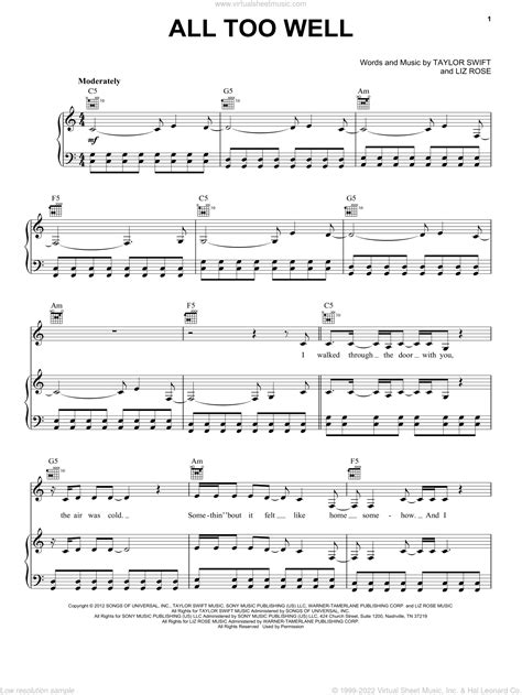 Swift All Too Well Sheet Music For Voice Piano Or Guitar PDF