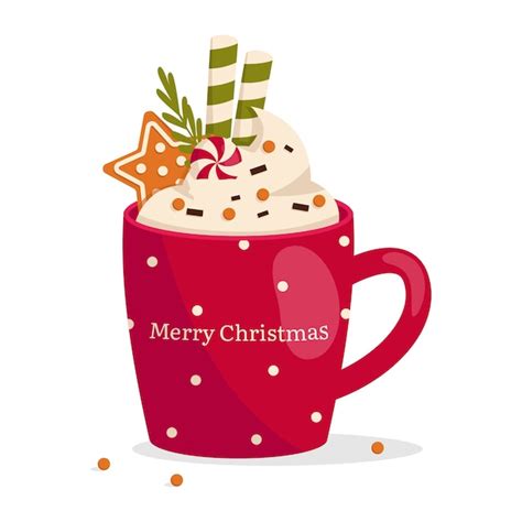 Premium Vector Christmas Mug With Hot Drink Whipped Cream Chocolate Chips Gingerbread Cookies