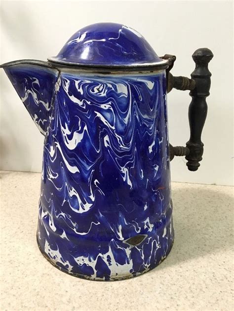 Rare Antique Blue White Swirl Mottled Graniteware Coffee Pot W Wood