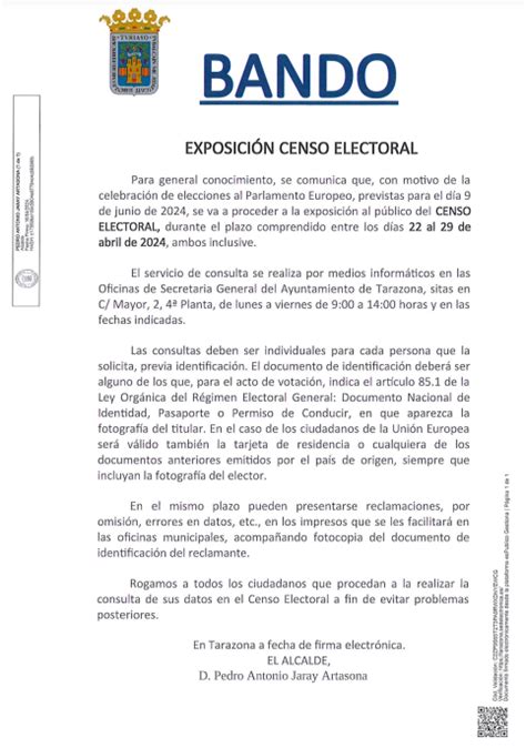 Bando Exposici N Censo Electoral Ayuntamiento De Tarazona