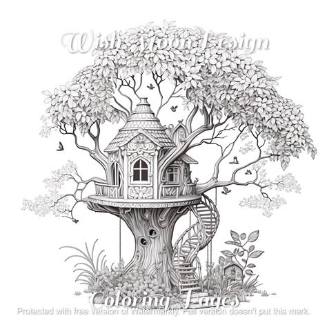 24 Fairy Tree House Coloring Pages Fairyland Fantasy Etsy