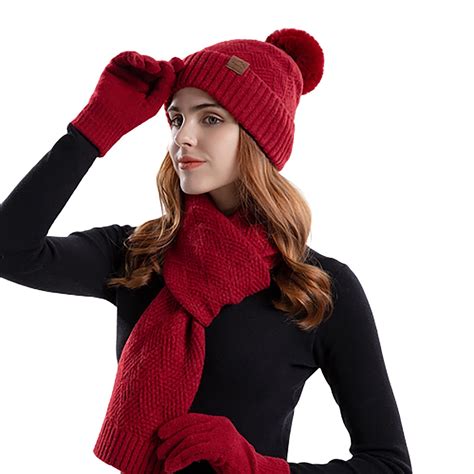 Women S Winter Warm Hat Scarf And Gloves Set Knitted Beanie