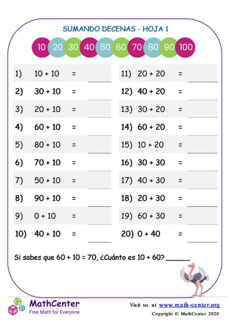 Segundo Grado Hojas De Trabajo Sumas Mentales De Dos Cifras Math Center