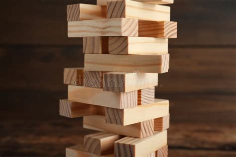 Jenga Tower Made Of Wooden Blocks On Table Closeup Stock Image Image