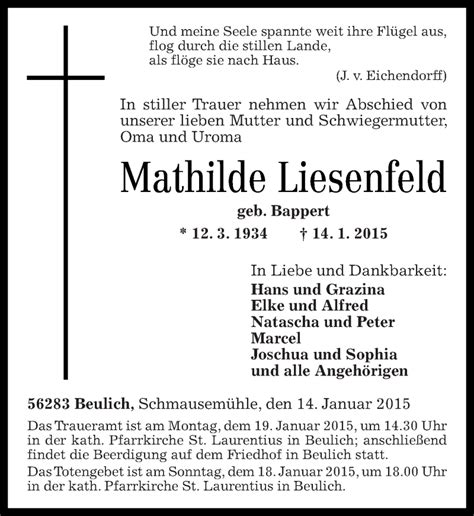 Traueranzeigen Von Mathilde Liesenfeld Rz Trauer De