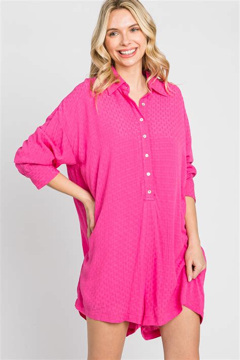 Fuchsia Jacquard Button Down Maternity Romper Pinkblush