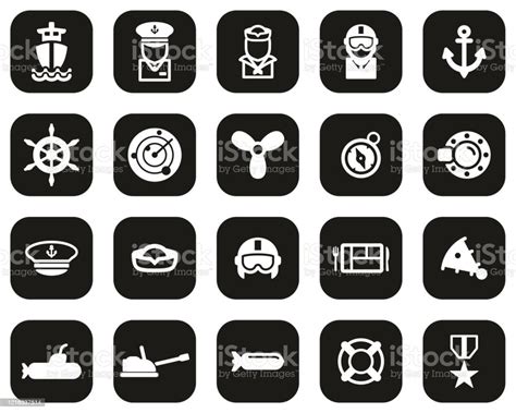 Navy Icons White On Black Flat Design Set Big Stock Illustration