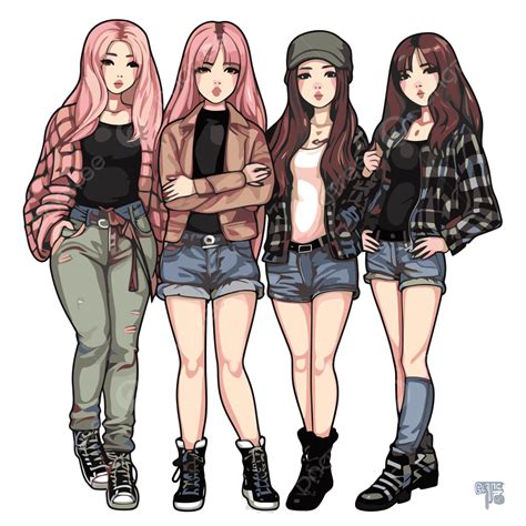 Blackpink Clipart Trois Filles En Kpop Chaussures Et Vestes Dessin