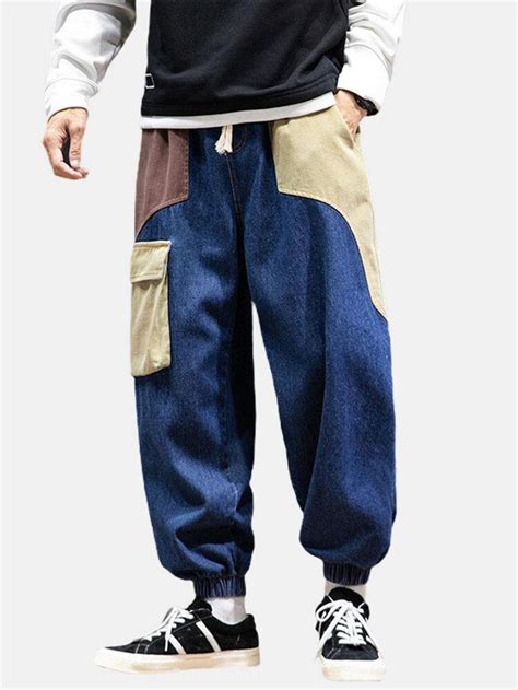 Mens Patchwork Multi Pocket Drawstring Elastic Waist Loose Jogger Jeans