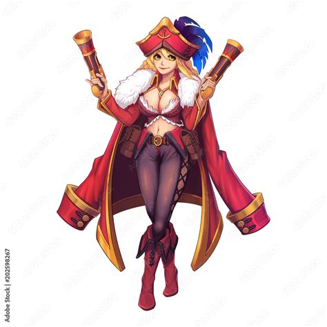 Sexy Hot Beautiful Twin Blaster Pirate Girl With Anime And Cartoon Style Isolated On White